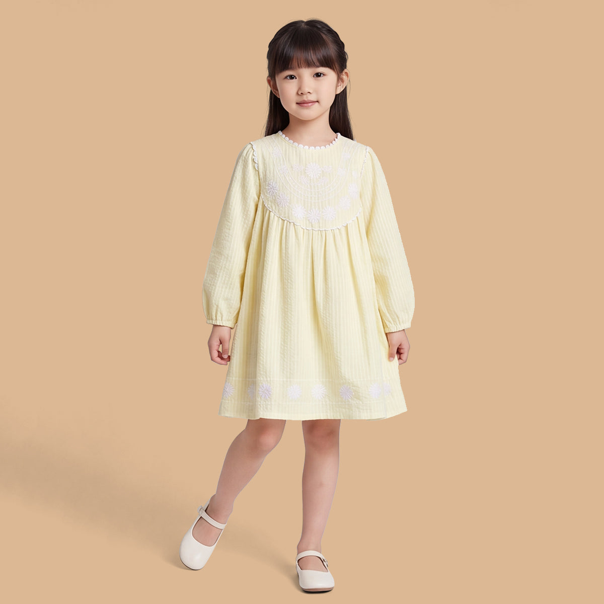 Girls Light Yellow Embroidered Long Sleeve A-Line Dress