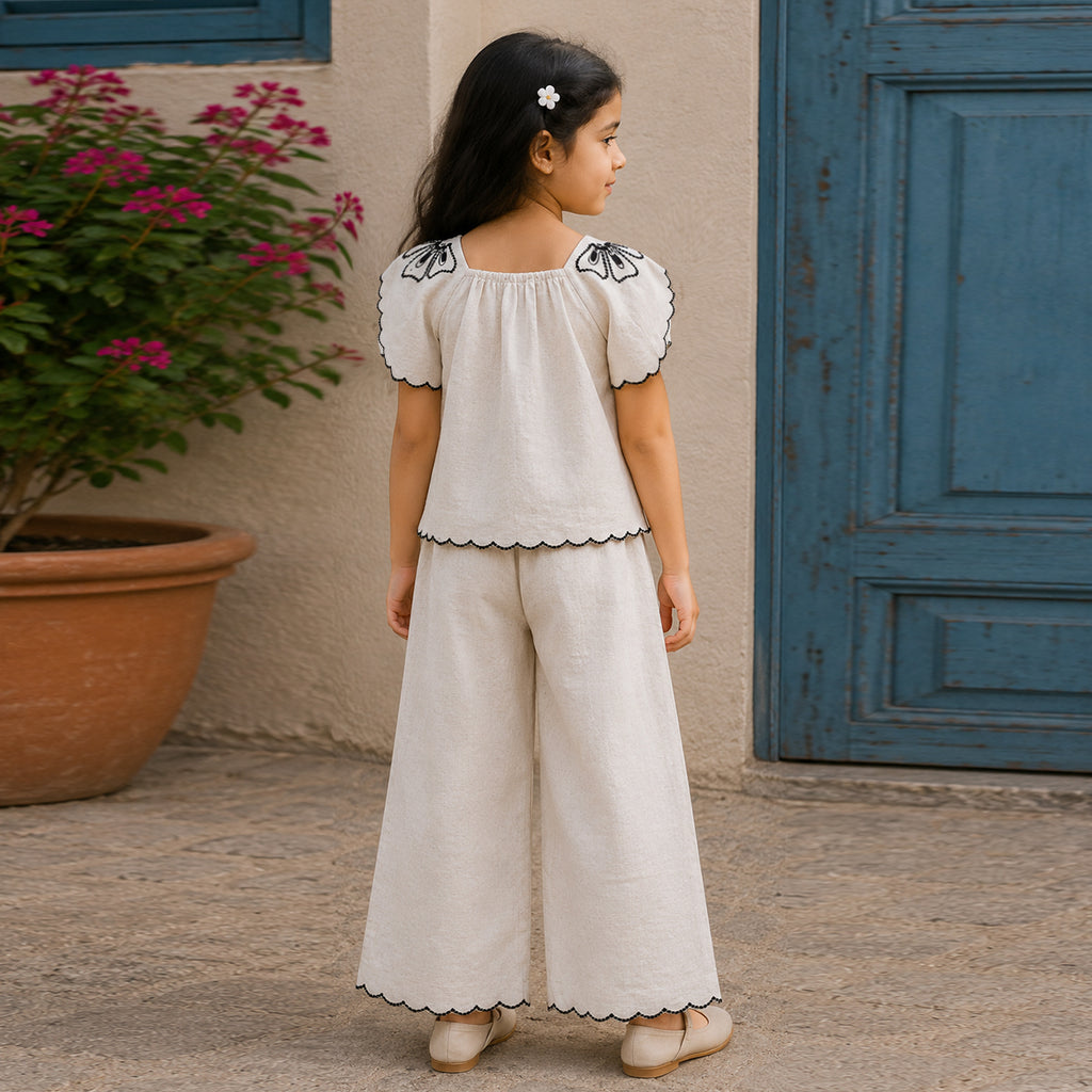 Girls Beige Elegant Flower Embroidery Button-Down Linen Co-Ord Set