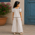 Girls Beige Elegant Flower Embroidery Button-Down Linen Co-Ord Set