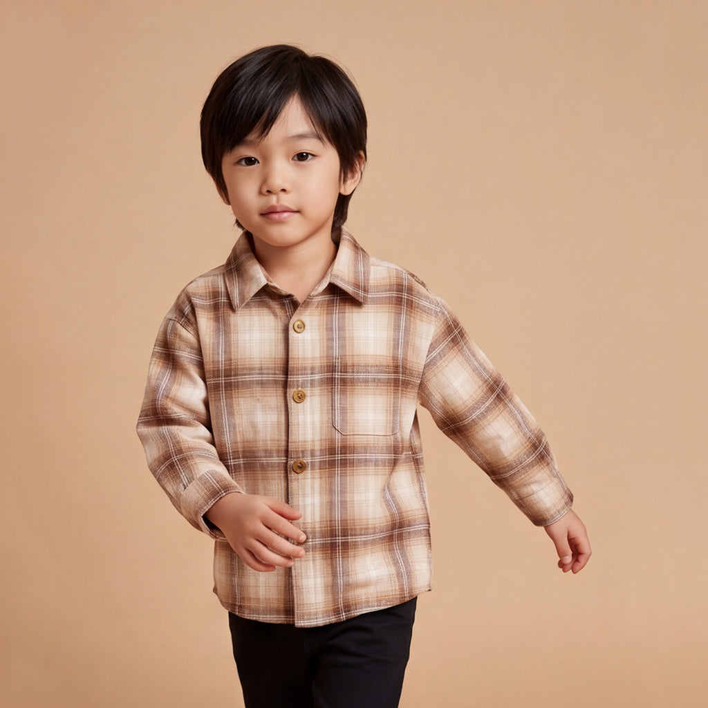 Boys Apricot Checked Long Sleeve Shirt