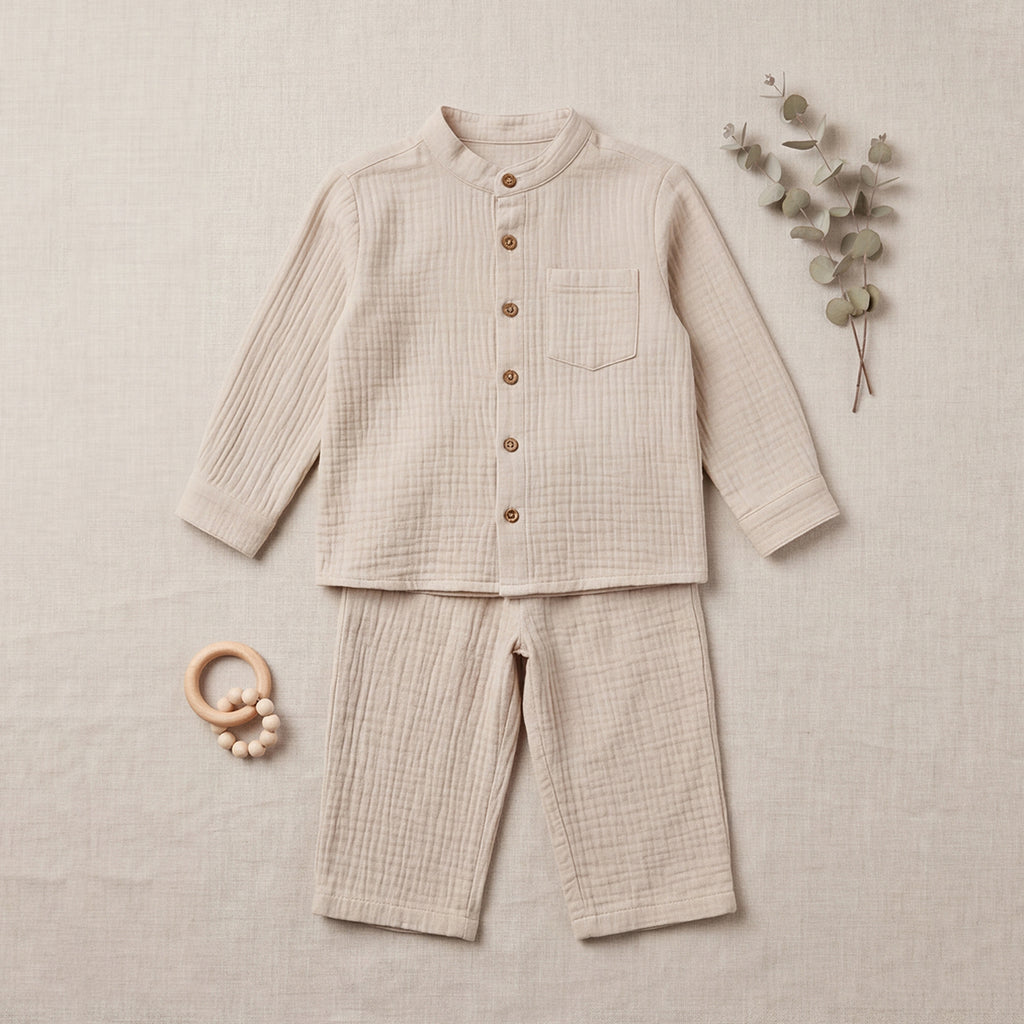 Boys Off White Mandarin collar Shirt With Elasticated Pants Set