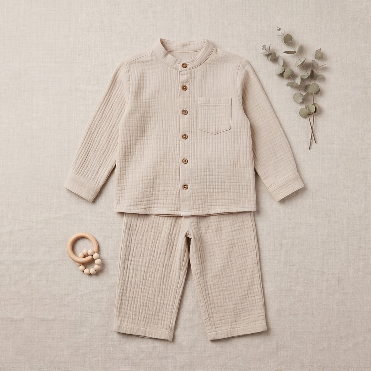 Boys Off White Mandarin collar Shirt With Elasticated Pants Set