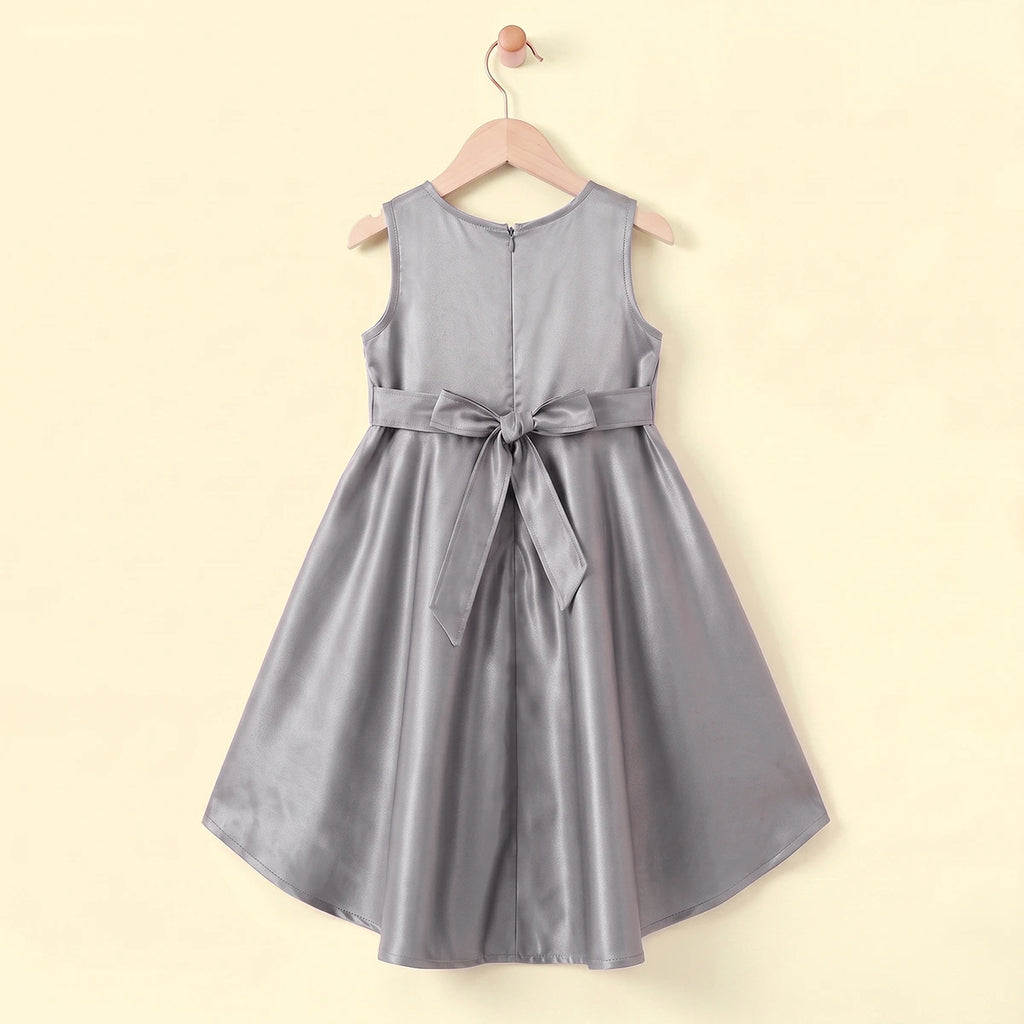 Girls Grey Floral Applique High Low Sleeveless Party Wear Dress