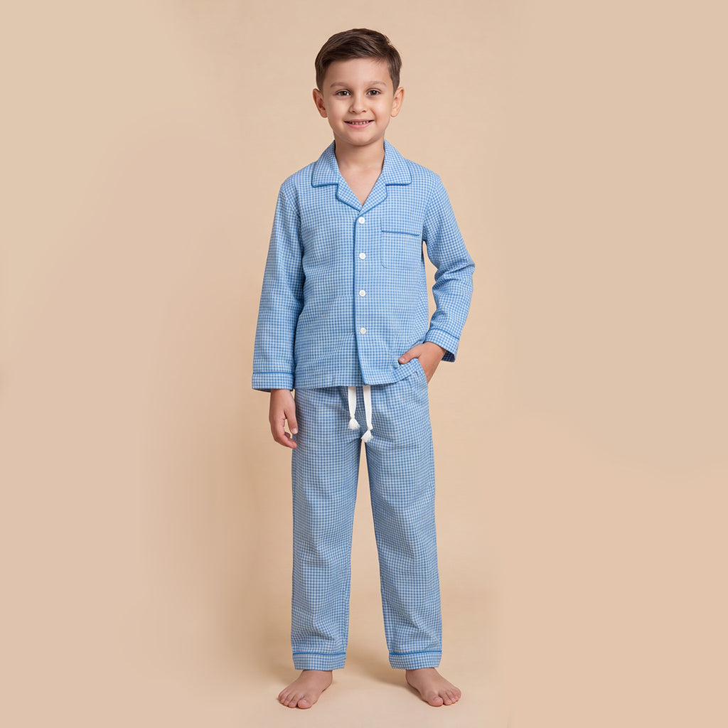 Boys Blue Pajama Set: Long Sleeve Shirt and Elasticated Pants Sleepwear
