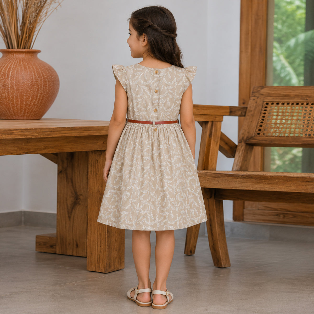 Girls Light Brown Flying Sleeve Fit & Flare Dress With PU Belt