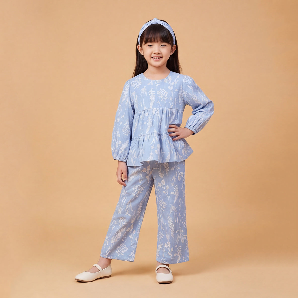 Girls Blue Printed Floral Long Sleeve Top With Elasticated Pants & Headband Sets
