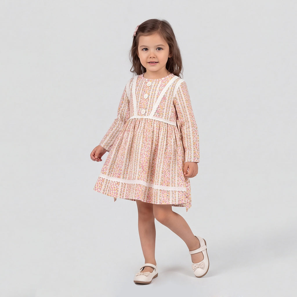 Girls Pink Floral Print Long Sleeve Dress