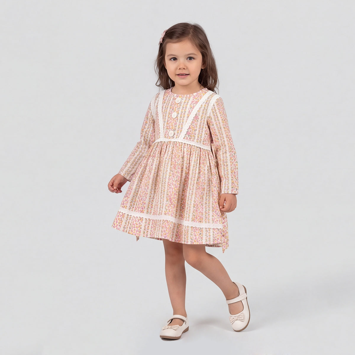 Girls Pink Floral Print Long Sleeve Dress