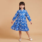 Girls Blue Floral Printed Long Sleeve Dress