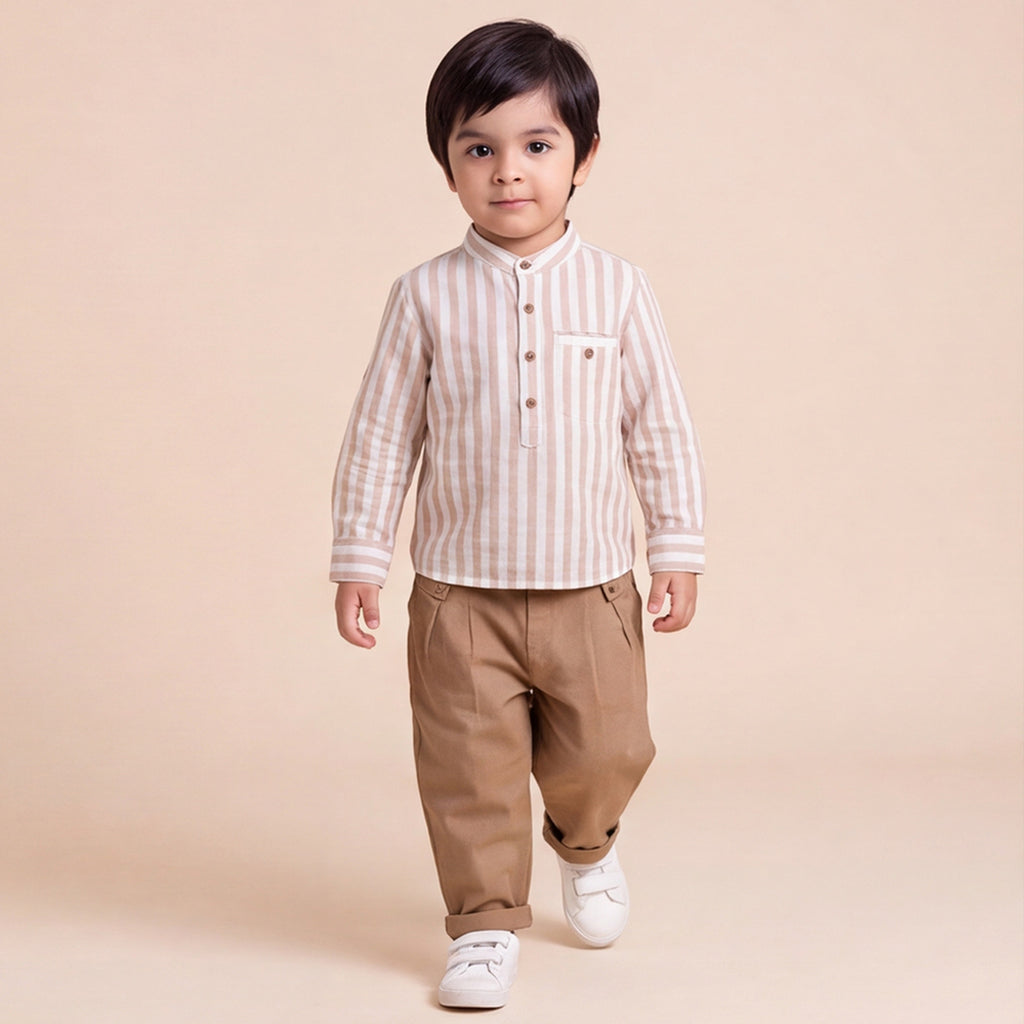 Boys Brown Mandarin Collar Striped Shirt & Elasticated Trouser Set