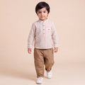 Boys Brown Mandarin Collar Striped Shirt & Elasticated Trouser Set