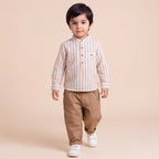 Boys Brown Mandarin Collar Striped Shirt & Elasticated Trouser Set