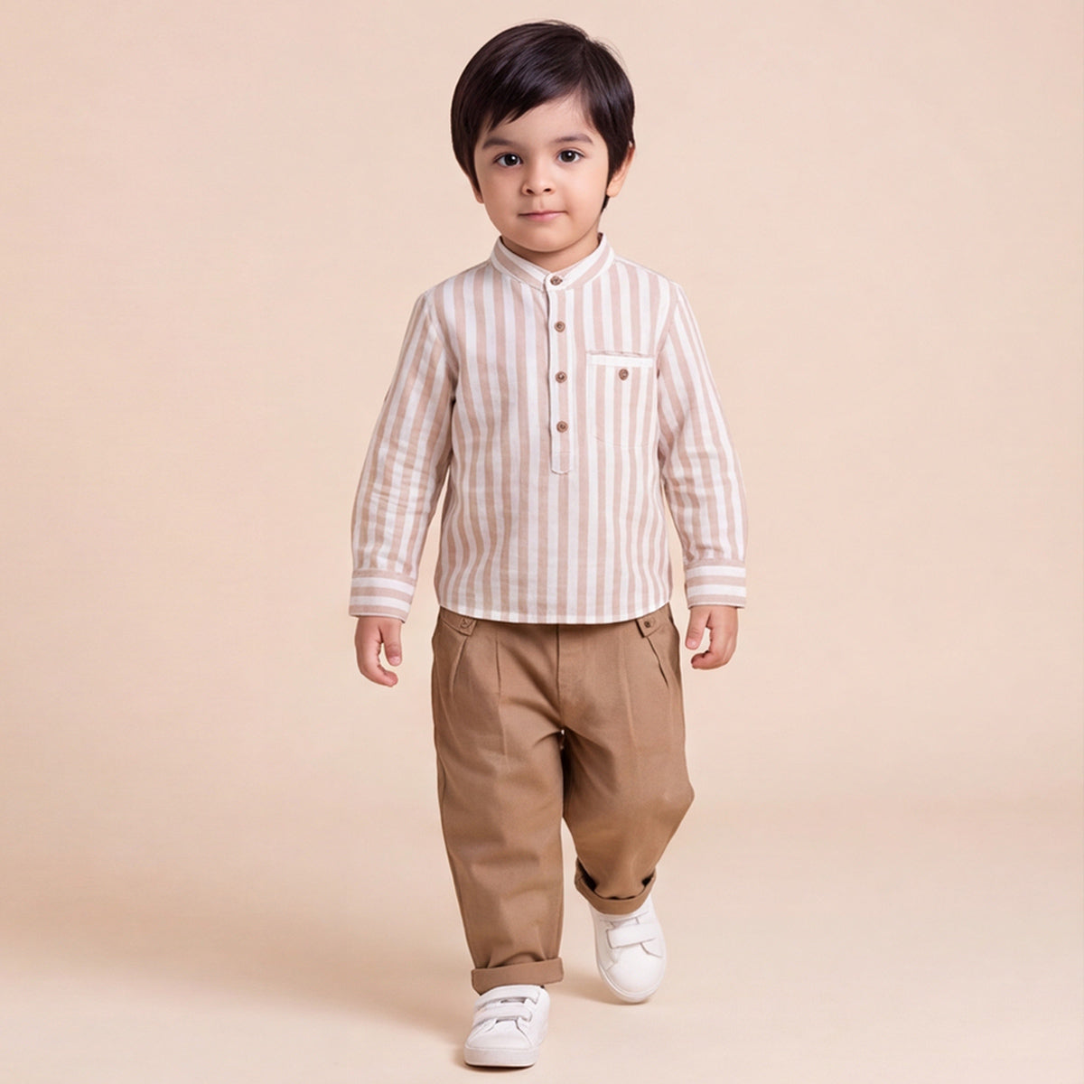 Boys Brown Mandarin Collar Striped Shirt & Elasticated Trouser Set