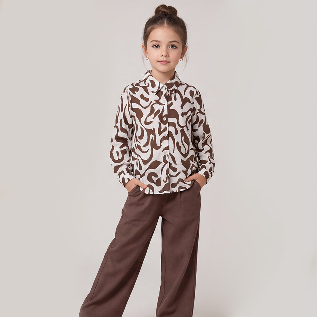 Girls Brown Printed Long Sleeve Shirt and Elasticated Pants Set