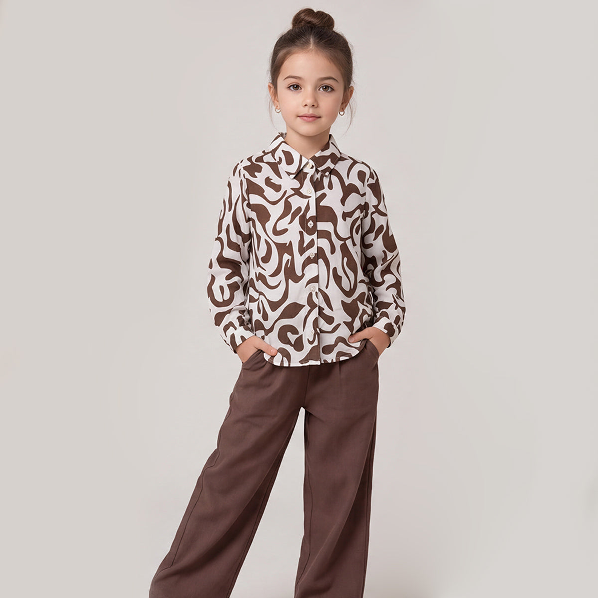 Girls Brown Printed Long Sleeve Shirt and Elasticated Pants Set