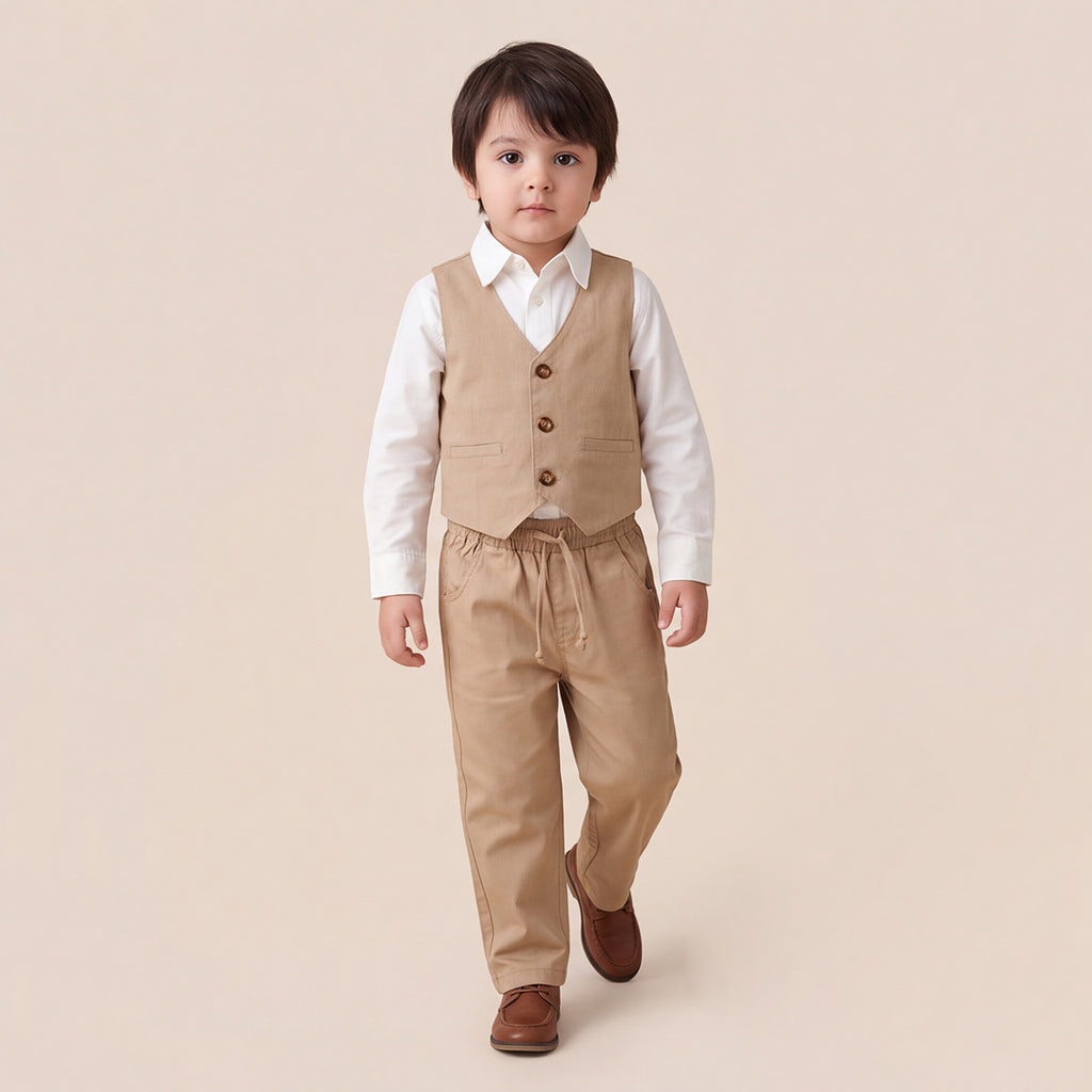 Toddler Boys Khaki 3Pcs Outfit Set Shirt with Waist Coat and Pants Suit