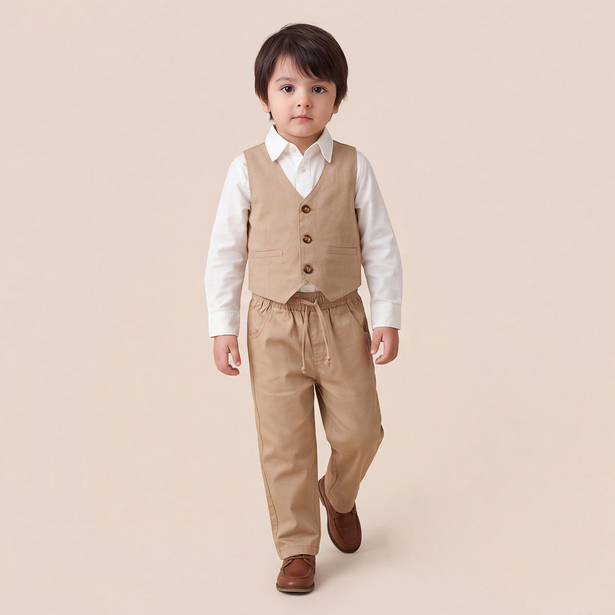 Toddler Boys Khaki 3Pcs Outfit Set Shirt with Waist Coat and Pants Suit
