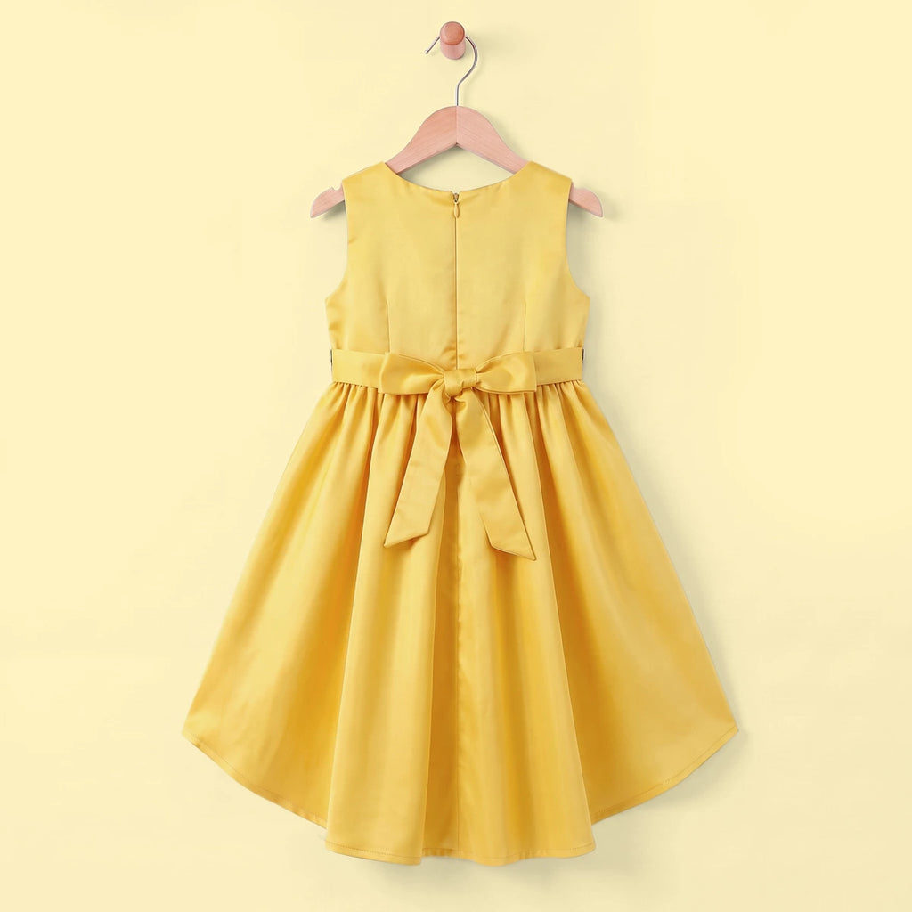Girls Yellow Floral Applique High Low Sleeveless Party Wear Dress