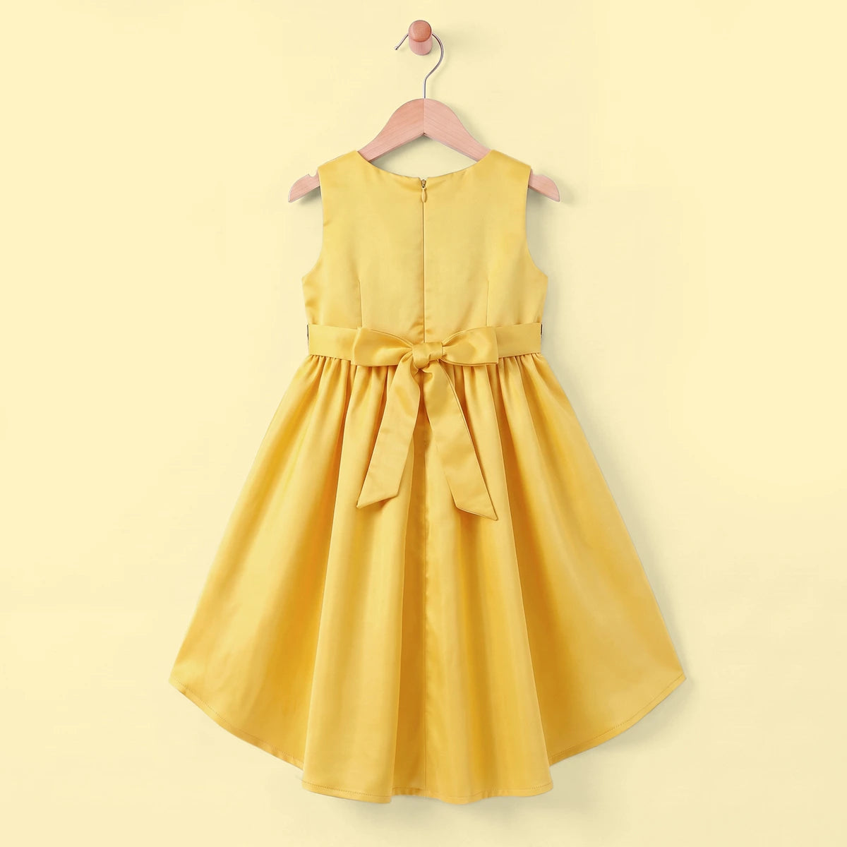 Girls Yellow Floral Applique High Low Sleeveless Party Wear Dress