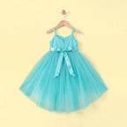 Girls Turquoise Floral Applique High Low Sleeveless Party Wear Dress