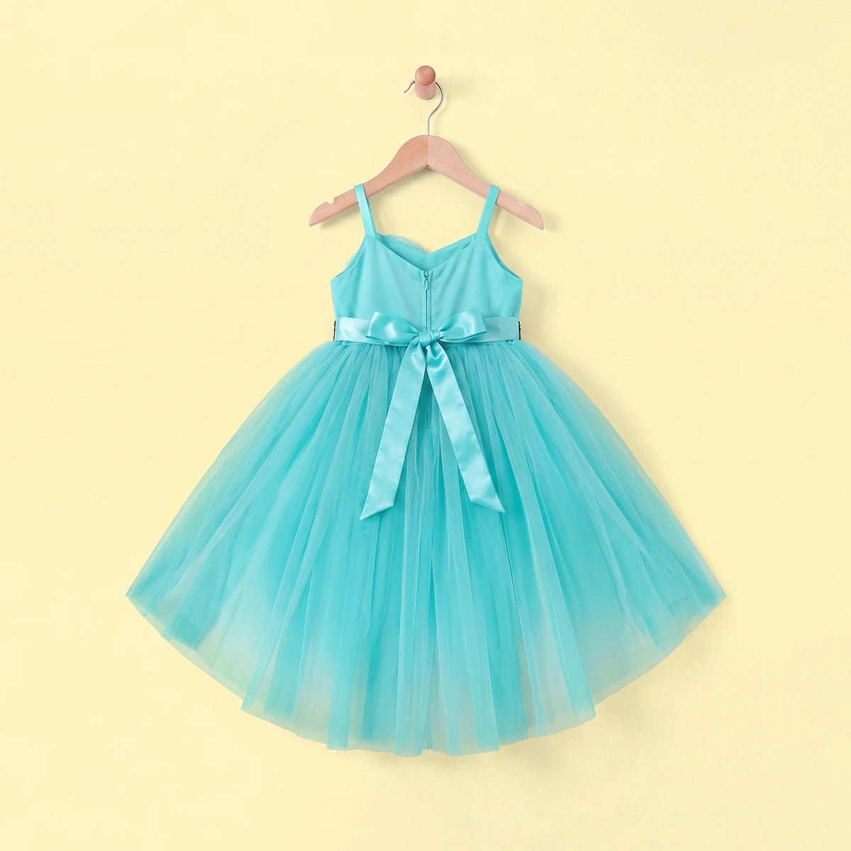 Girls Turquoise Floral Applique High Low Sleeveless Party Wear Dress