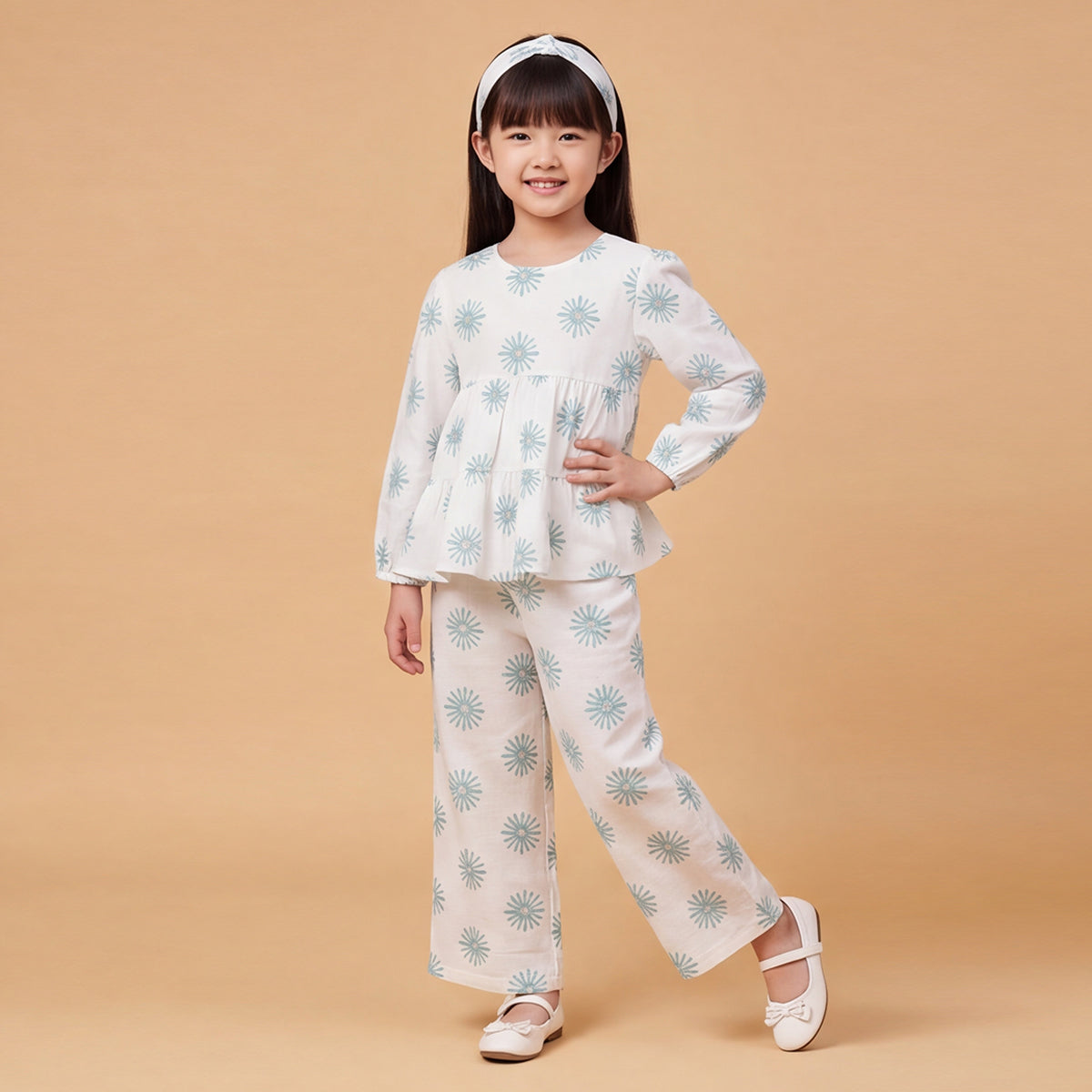 Girls White Printed Long Sleeve Top With Elasticated Pants & Headband Sets