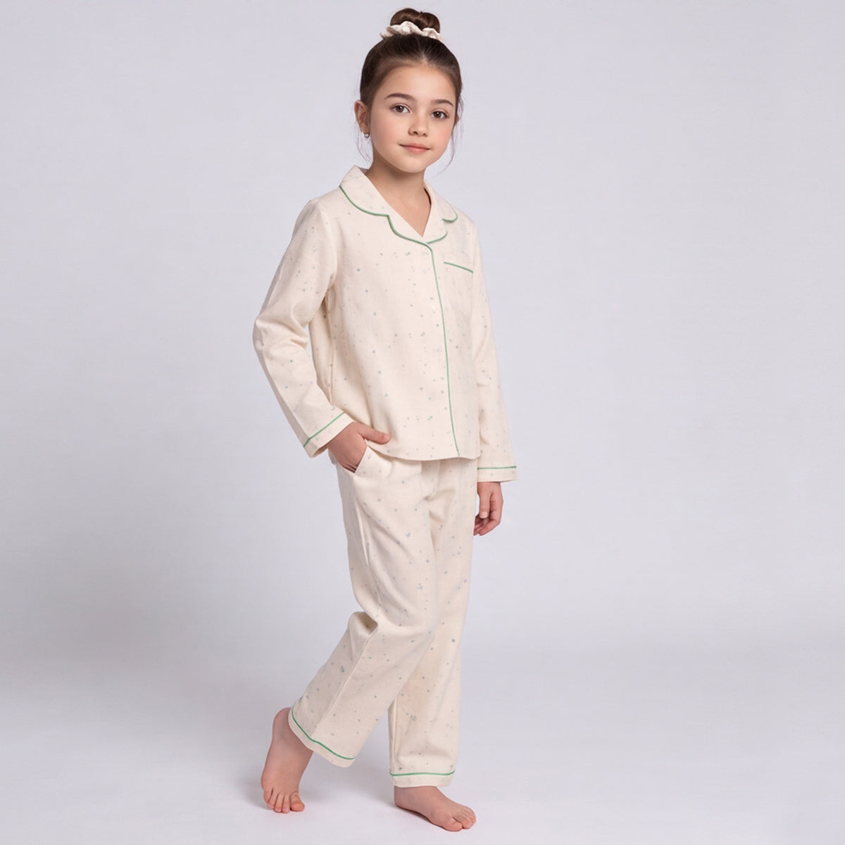 Girls Green 3Pcs Pajama Set: Long Sleeve Shirt, Pajamas and Matching Stretched Hair Band