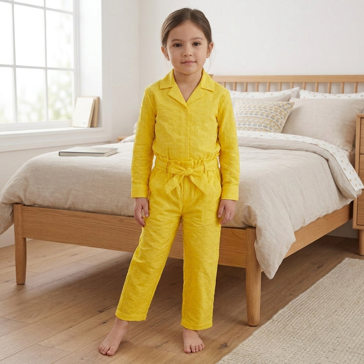 Girls Yellow Schiffli Embroidery Long-Sleeve Shirt & Self-Fabric Belt Trouser Co-Ord Set