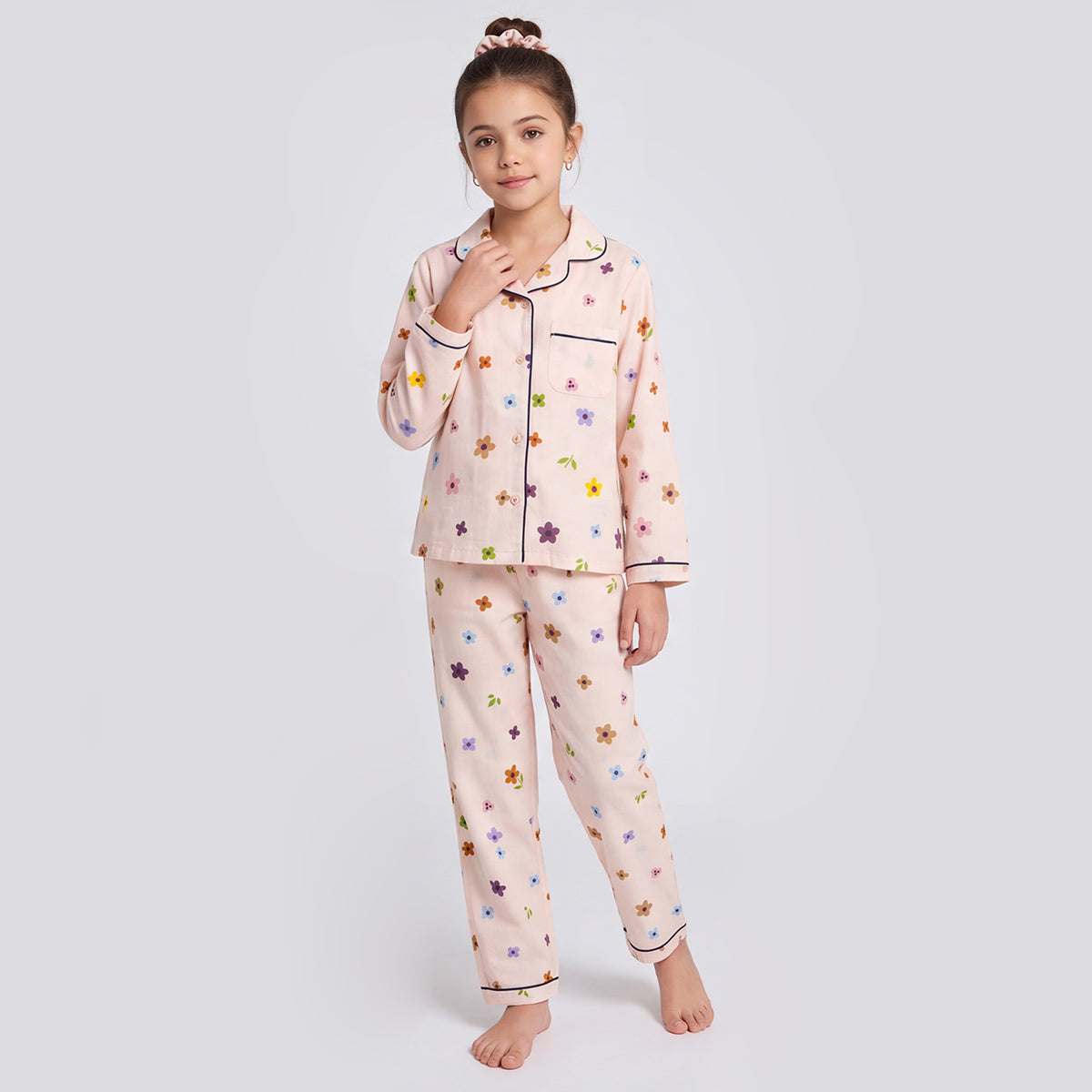 Girls Pink 3Pcs Pajama Set: Long Sleeve Shirt, Pajamas and Matching Stretched Hair Band