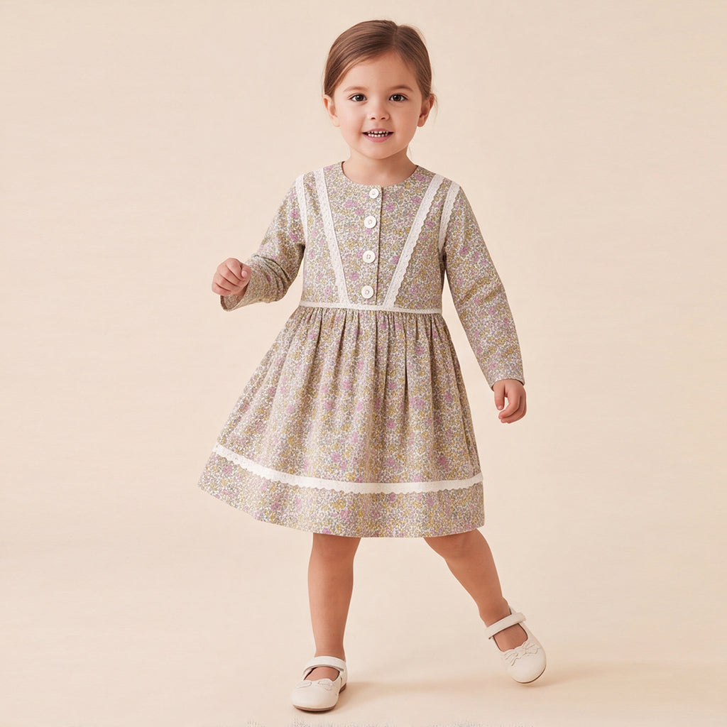 Girls Green Floral printed Long Sleeve Dress