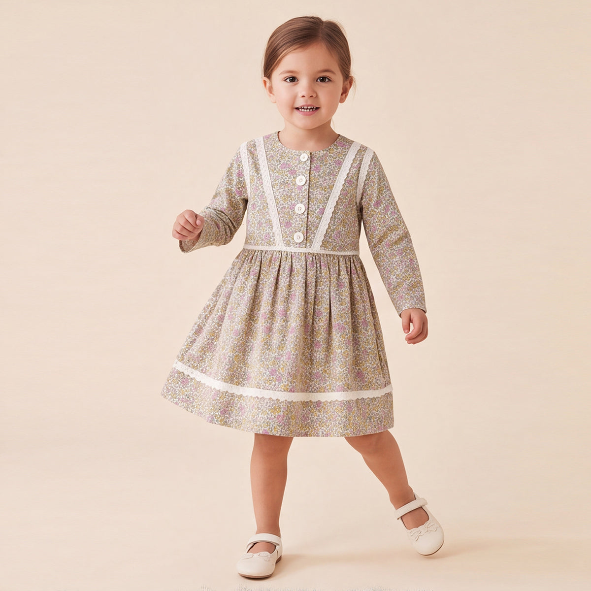 Girls Green Floral printed Long Sleeve Dress
