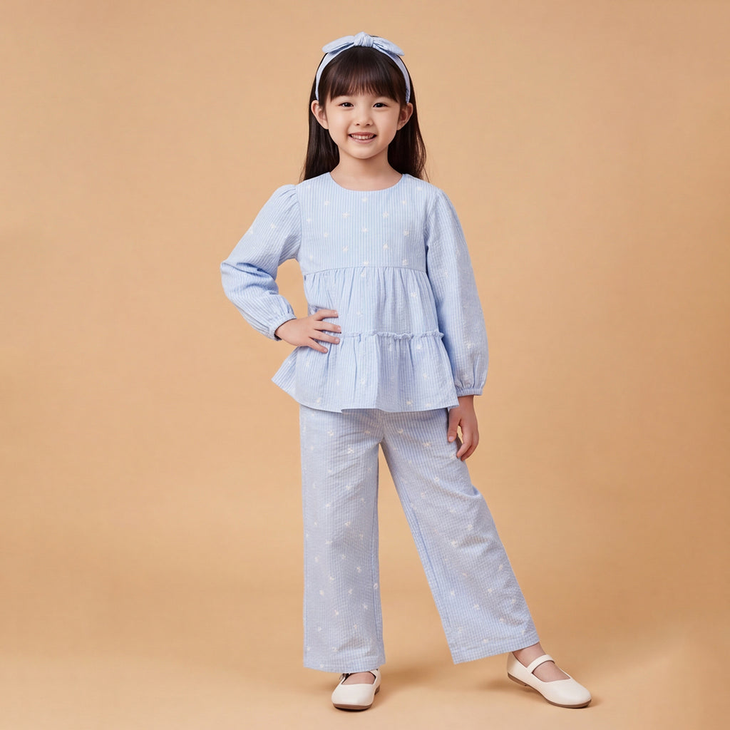 Girls Blue Printed Long Sleeve Top With Elasticated Pants & Headband Sets