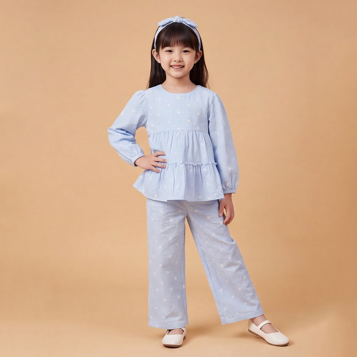 Girls Blue Printed Long Sleeve Top With Elasticated Pants & Headband Sets