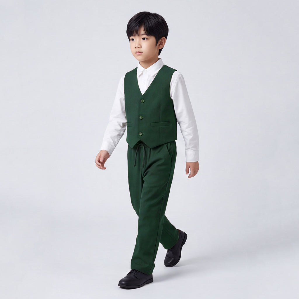 Toddler Boys Green 3Pcs Outfit Set Shirt with Waist Coat and Pants Suit