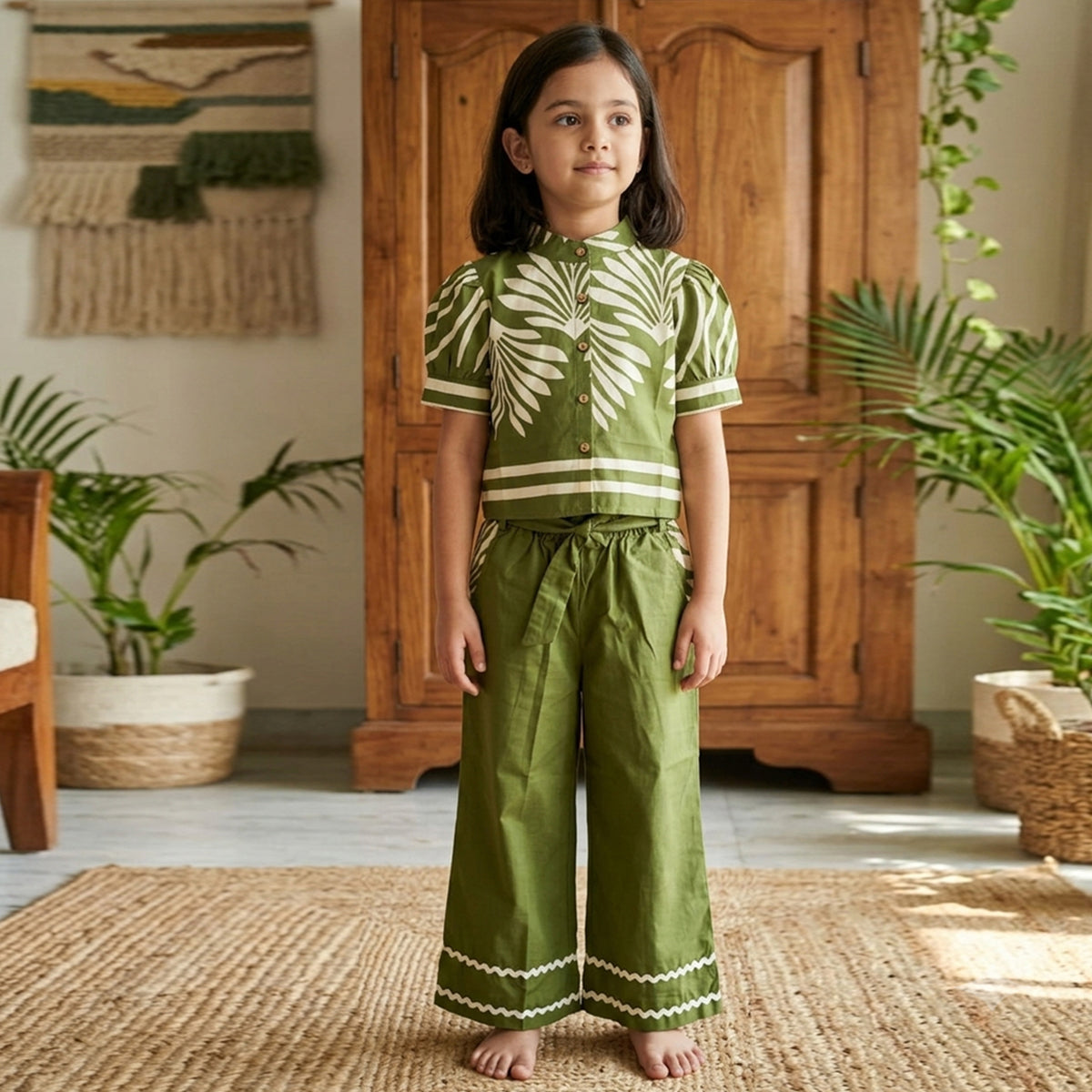 Girls Green Leaf Printed Button-Down Mercerized Cotton Co-Ord Set