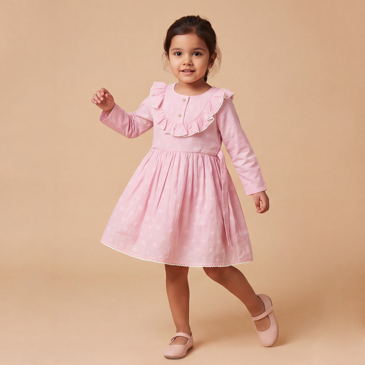 Girls Pink Printed Long Sleeve Dress