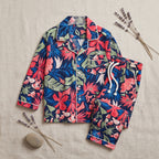 Girls Multicolor Floral Printed Long Sleeve Shirt With Elasticated Pants Nightwear Sets
