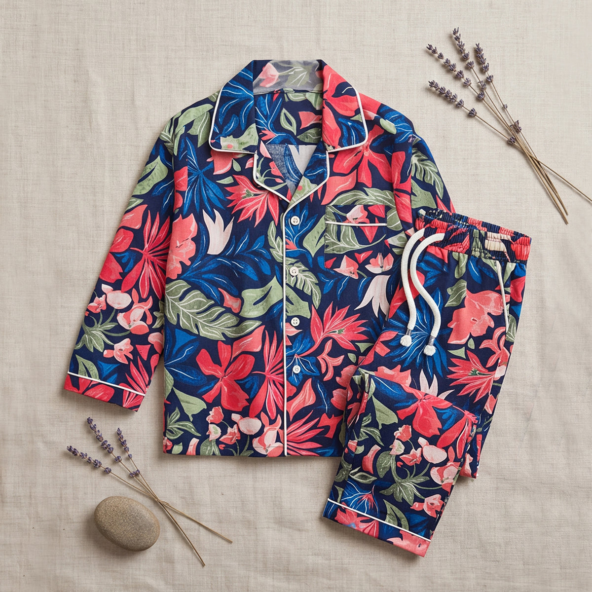 Girls Multicolor Floral Printed Long Sleeve Shirt With Elasticated Pants Nightwear Sets