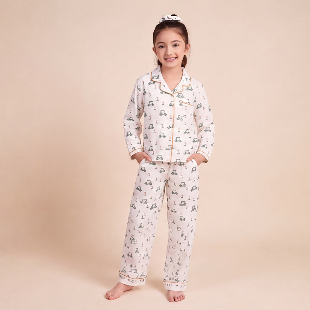 Girls White 3Pcs Pajama Set: Long Sleeve Shirt, Pajamas and Matching Stretched Hair Band