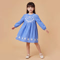 Girls Blue Embroidered Long Sleeve A-Line Dress