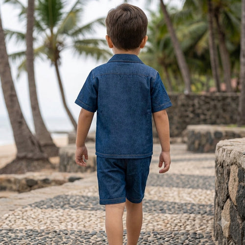 Boys Blue Rinse Wash Short Sleeve Denim Shirt With Short Co-ord Set