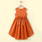 Girls Orange Floral Applique High Low Sleeveless Party Wear Dress