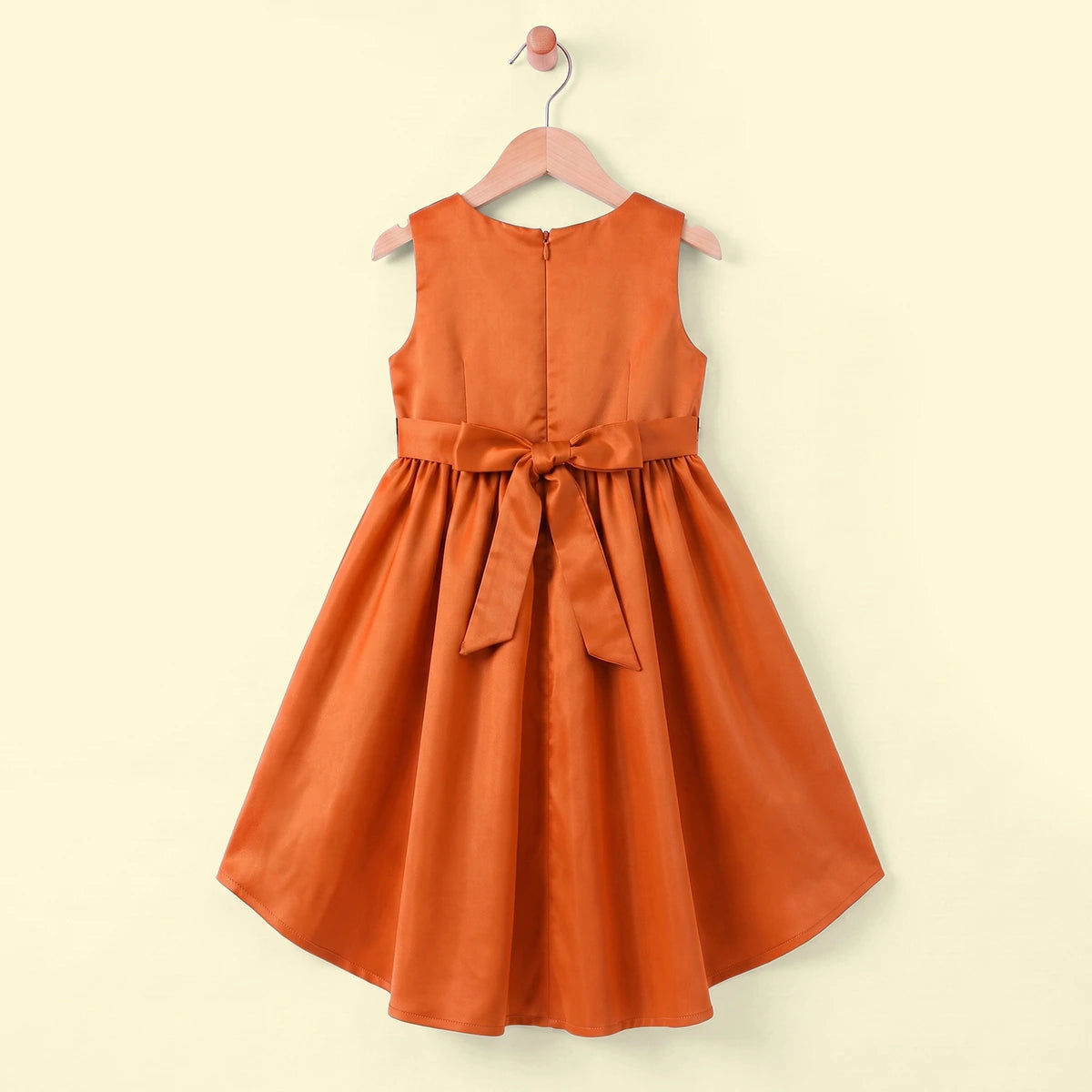 Girls Orange Floral Applique High Low Sleeveless Party Wear Dress