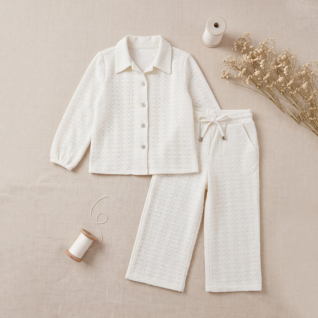 Girls White Textured Long Sleeve Shirt With Elasticated Trousers Set