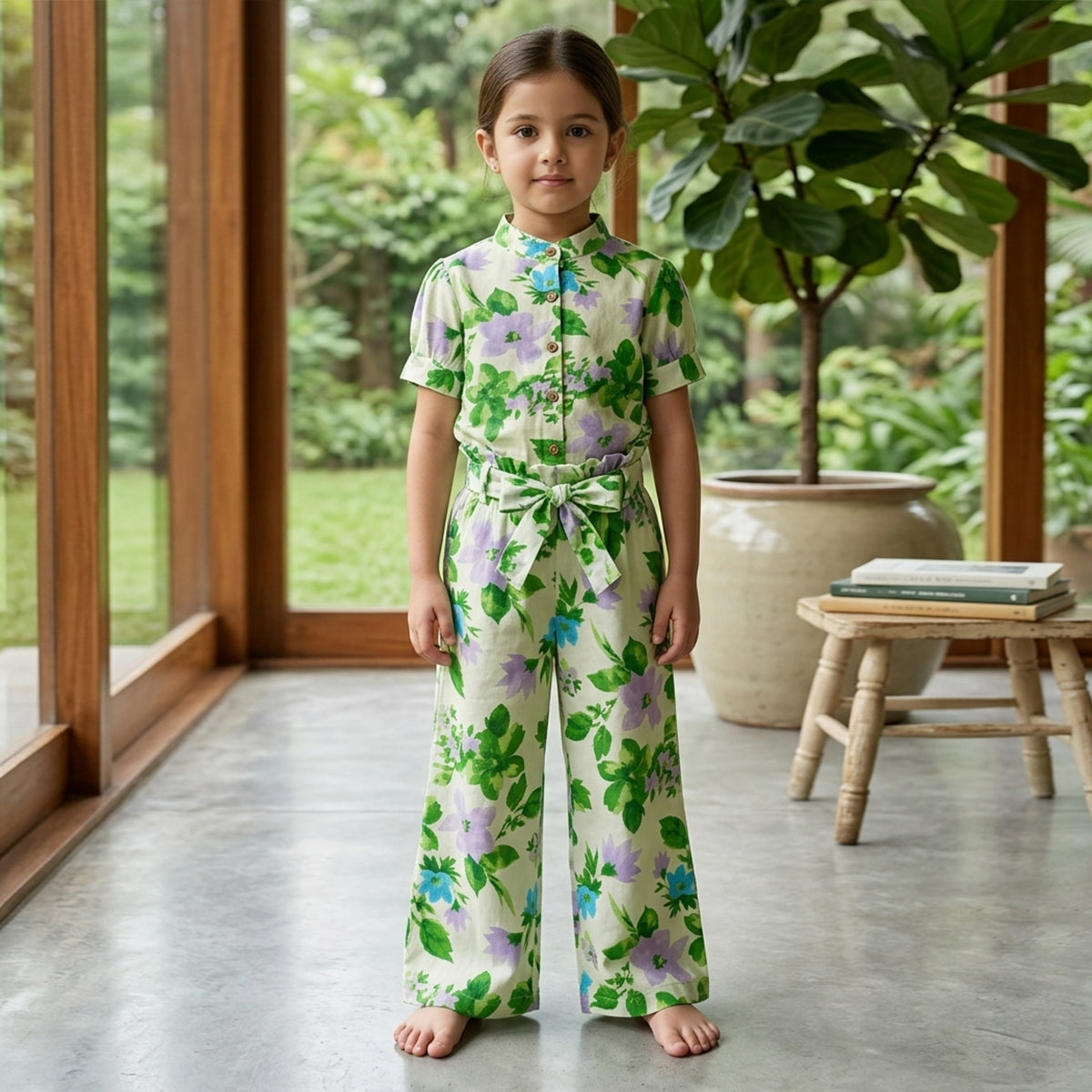 Girls Green Flower Printed Button-Down Mercerized Cotton Co-Ord Set