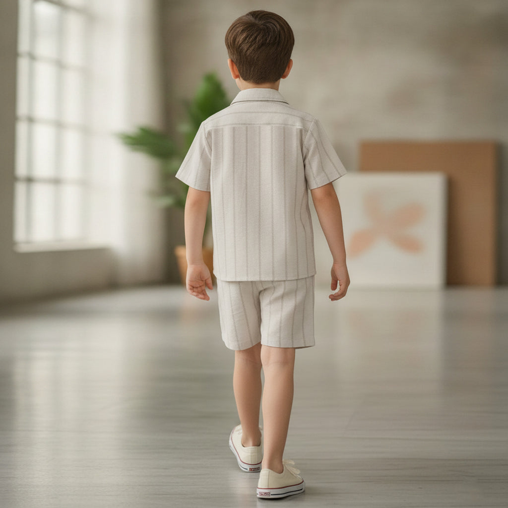 Boys Beige Short Sleeve Shirt With Drawcord Waist Shorts Sets