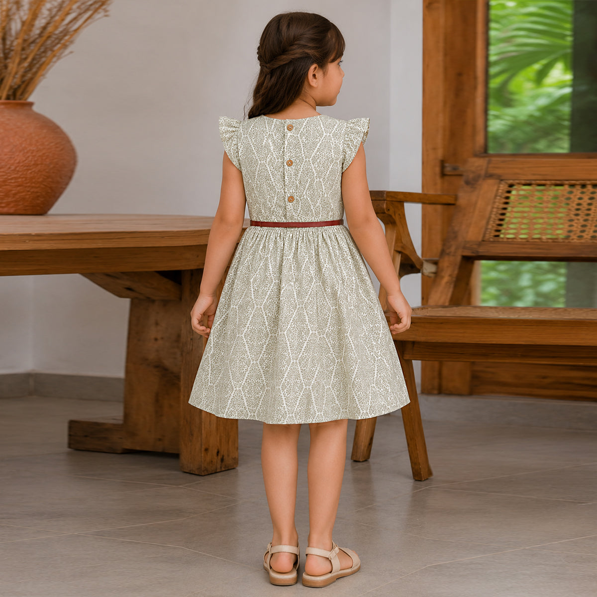 Girls Green Flying Sleeve Fit & Flare Dress With PU Belt