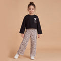Girls Black Long Sleeve Top With Ditsy Print Trousers Set