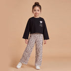 Girls Black Long Sleeve Top With Ditsy Print Trousers Set