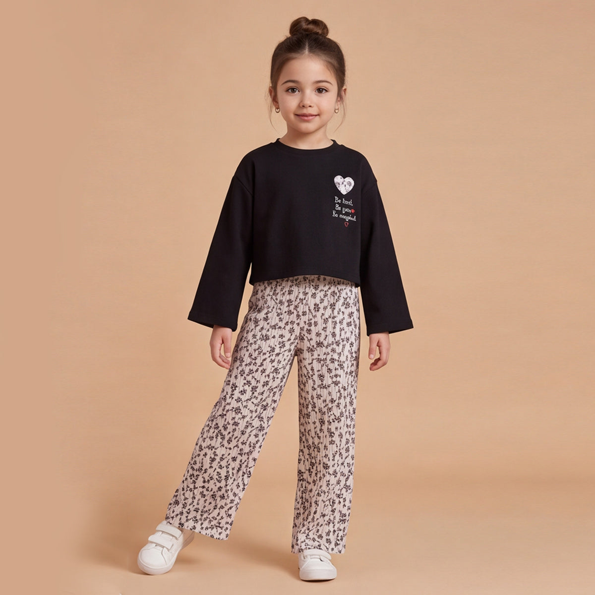 Girls Black Long Sleeve Top With Ditsy Print Trousers Set